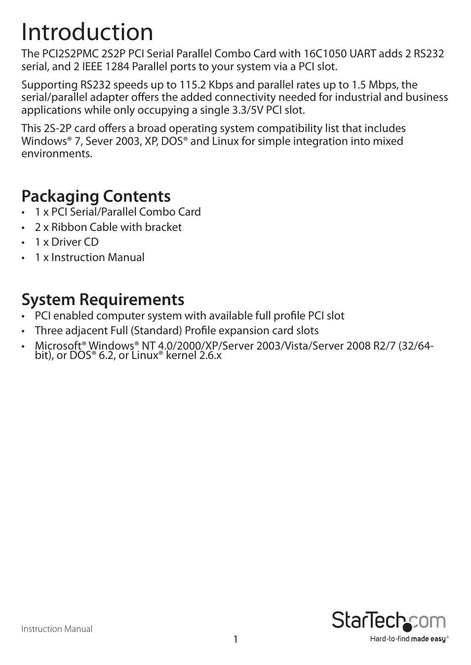 Introduction, Packaging contents, System requirements | StarTech.com PCI2S2PMC User Manual | Page 4 / 10