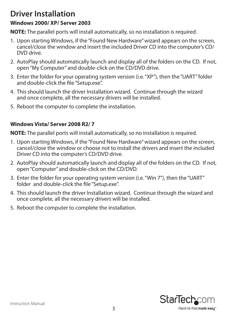 Driver installation | StarTech.com PCI2S2PMC User Manual | Page 6 / 10