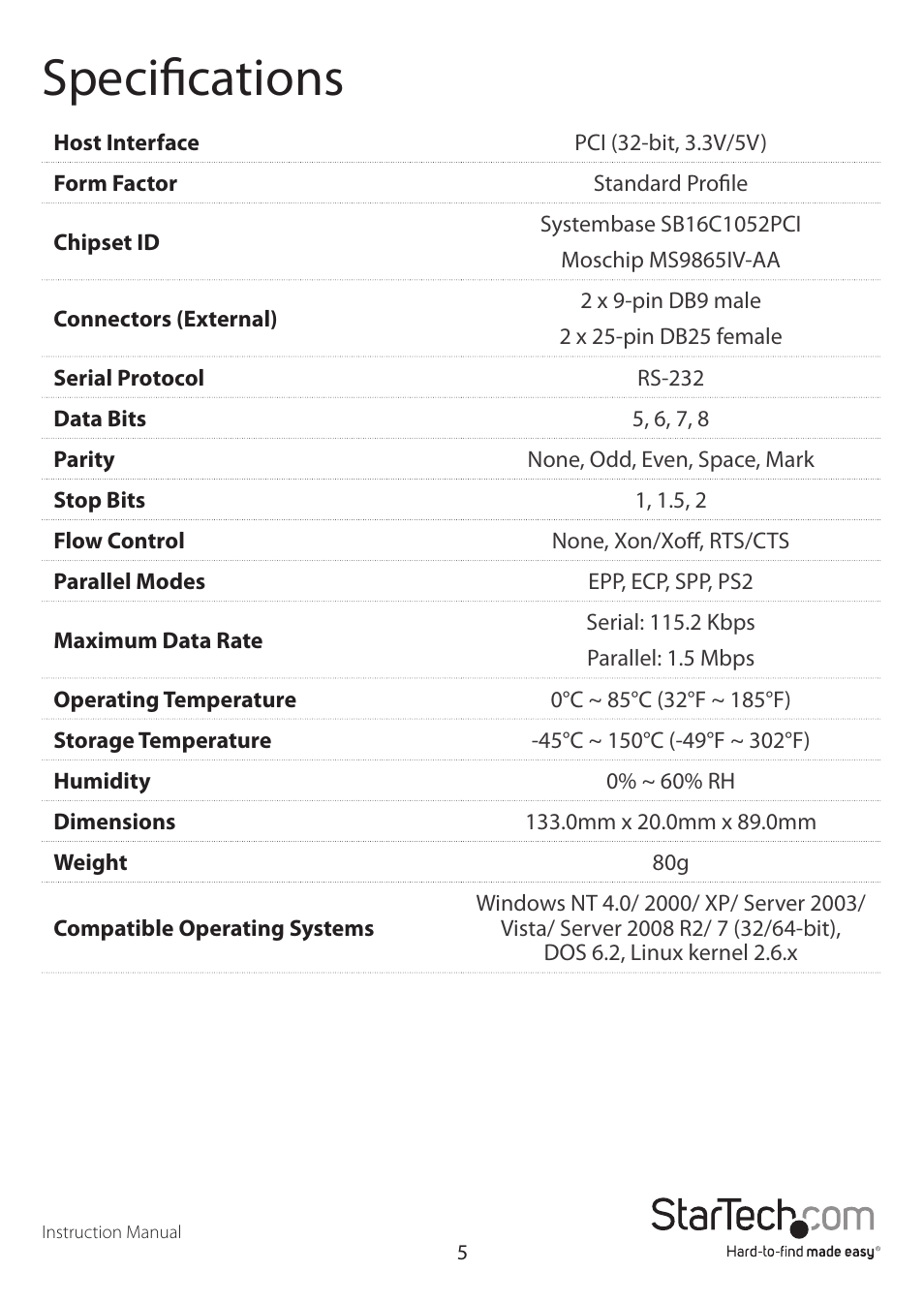 Specifications | StarTech.com PCI2S2PMC User Manual | Page 8 / 10