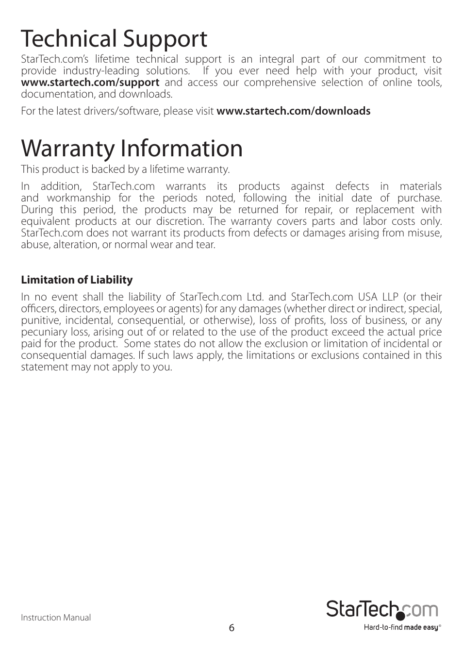 Technical support, Warranty information | StarTech.com PCI2S2PMC User Manual | Page 9 / 10