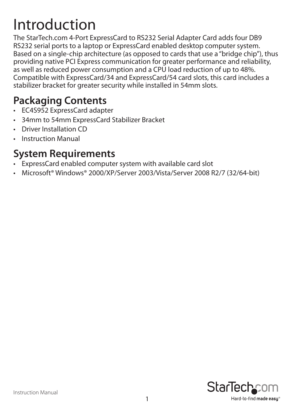 Introduction, Packaging contents, System requirements | StarTech.com EC4S952 User Manual | Page 4 / 9