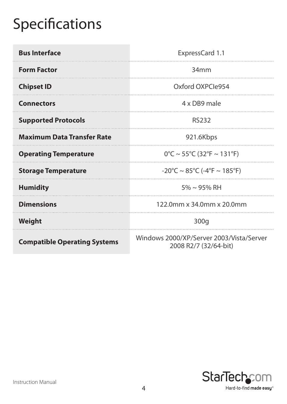 Specifications | StarTech.com EC4S952 User Manual | Page 7 / 9