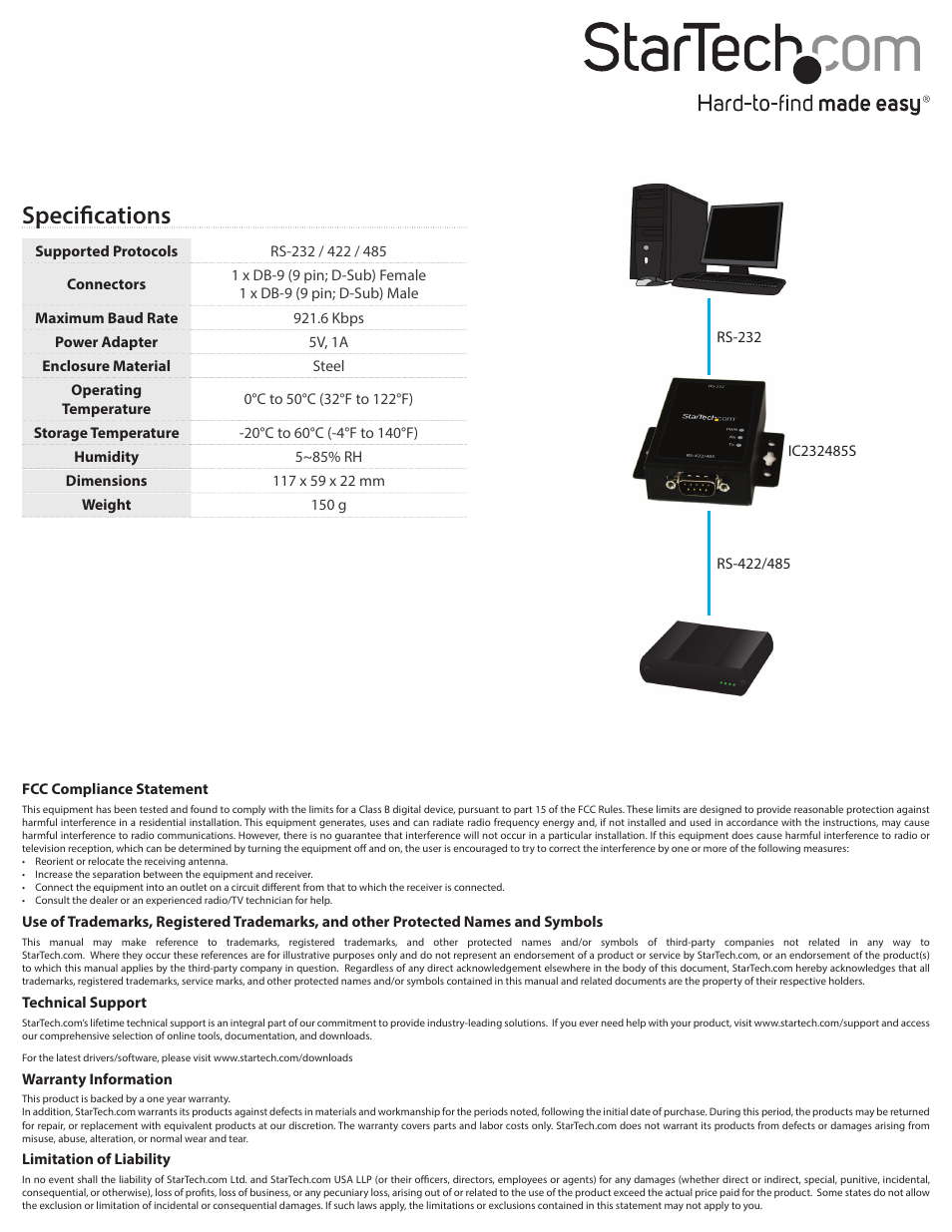 Specifications | StarTech.com IC232485S User Manual | Page 2 / 2