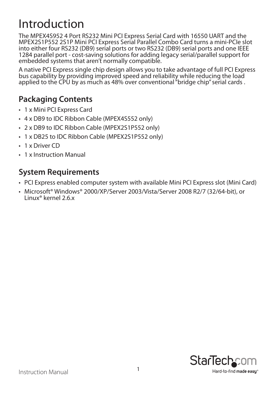 Introduction, Packaging contents, System requirements | StarTech.com MPEX2S1P552 User Manual | Page 4 / 11