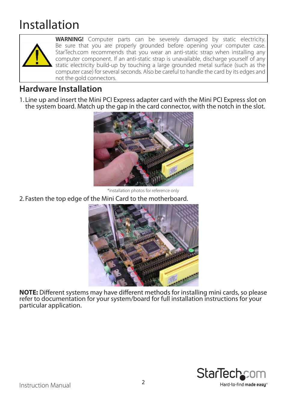 Installation, Hardware installation | StarTech.com MPEX2S1P552 User Manual | Page 5 / 11