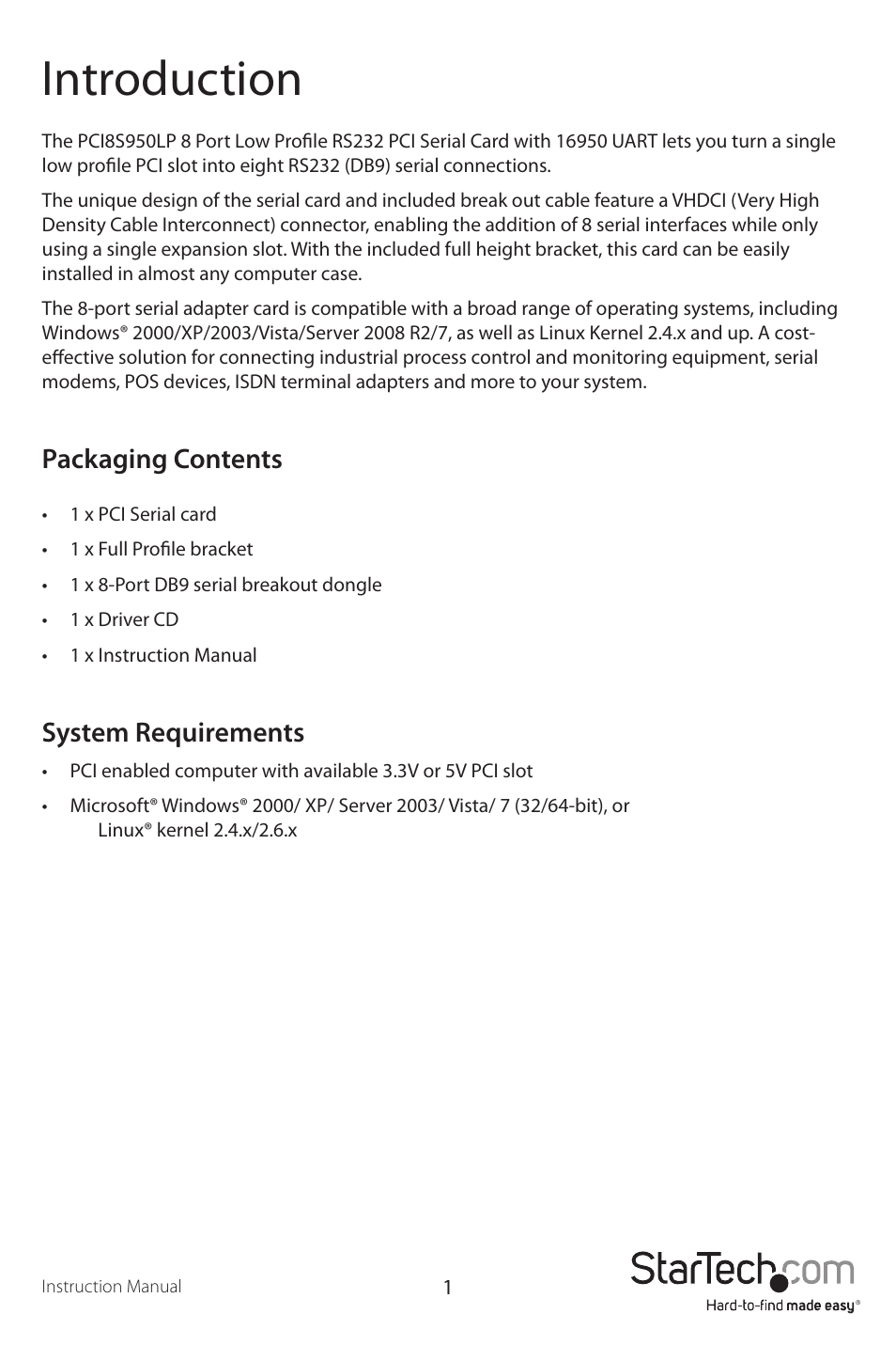 Introduction, Packaging contents, System requirements | StarTech.com PCI8S950LP User Manual | Page 4 / 10