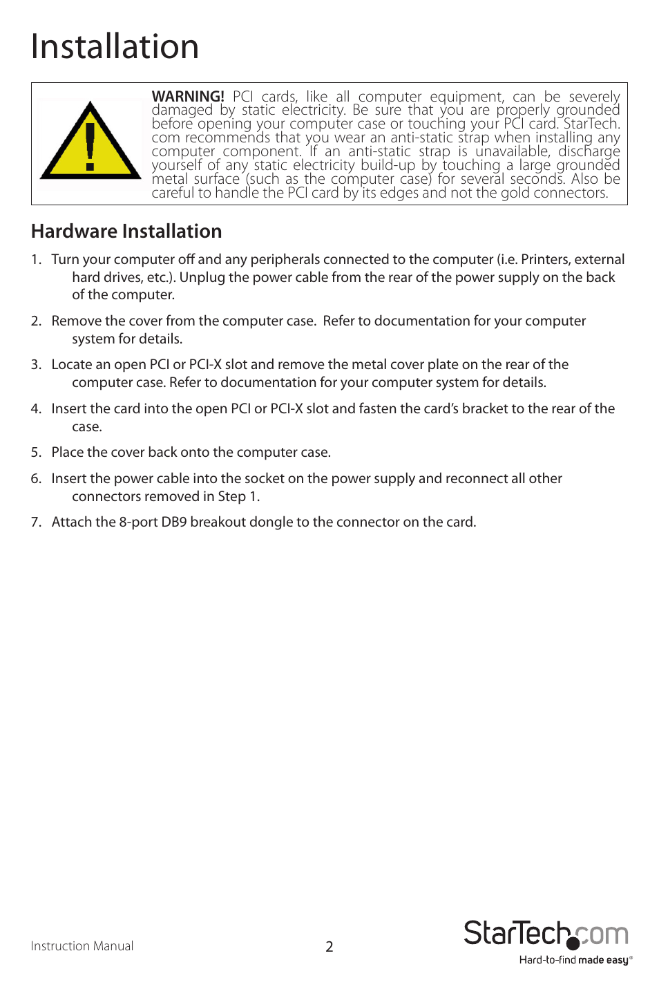 Installation, Hardware installation | StarTech.com PCI8S950LP User Manual | Page 5 / 10