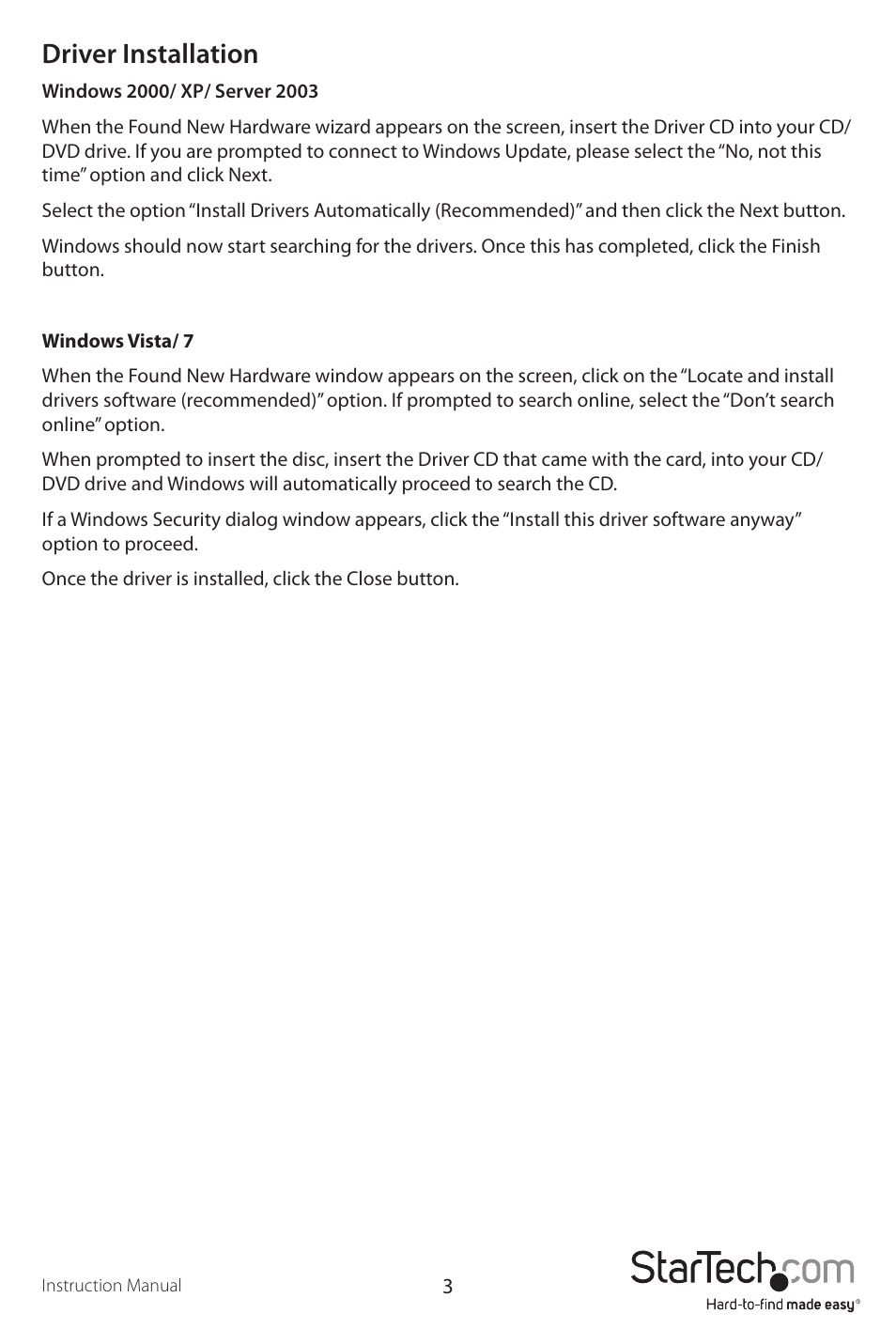 Driver installation | StarTech.com PCI8S950LP User Manual | Page 6 / 10