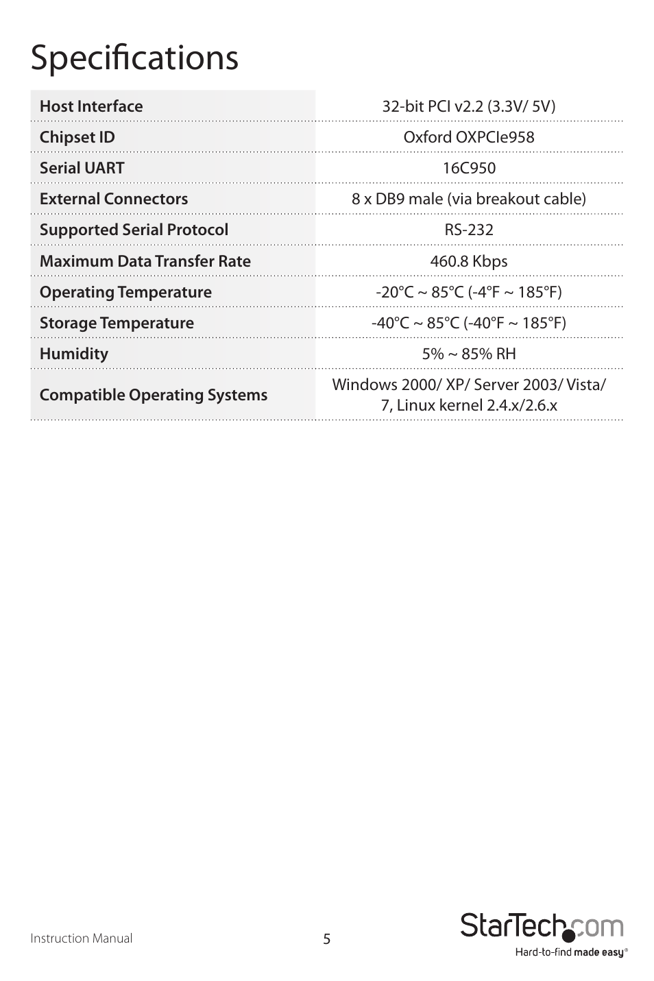 Specifications | StarTech.com PCI8S950LP User Manual | Page 8 / 10