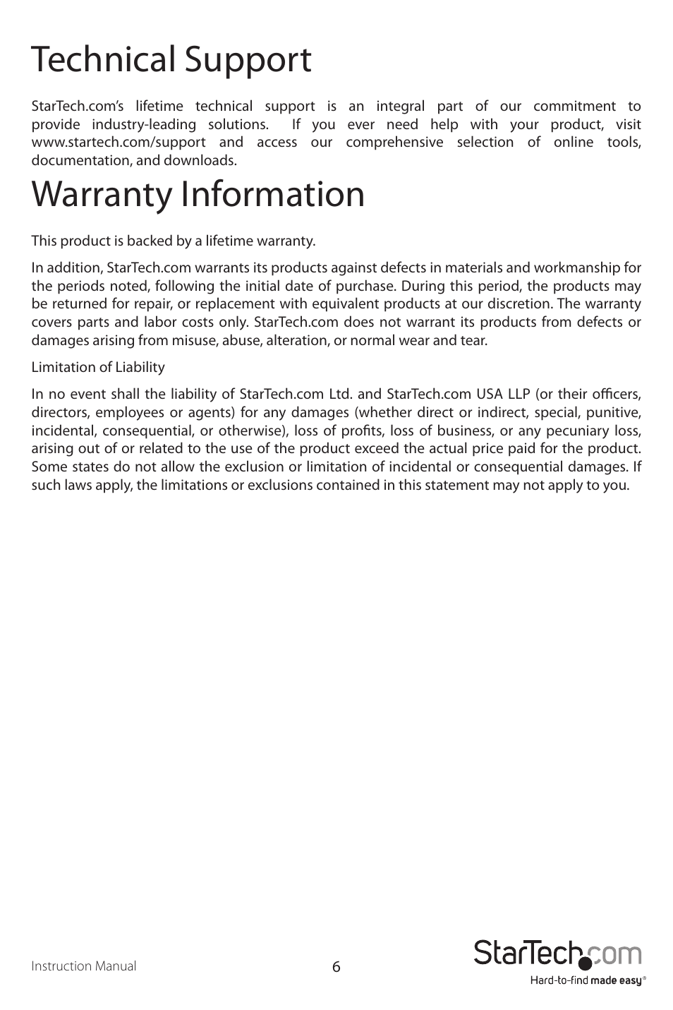 Technical support, Warranty information | StarTech.com PCI8S950LP User Manual | Page 9 / 10
