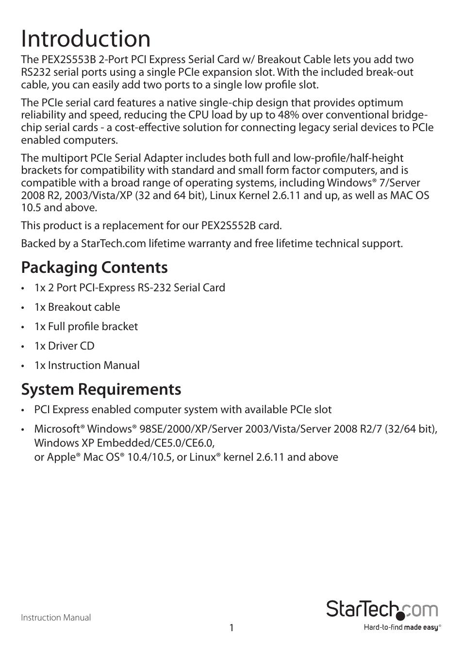 Introduction, Packaging contents, System requirements | StarTech.com PEX2S553B User Manual | Page 3 / 8
