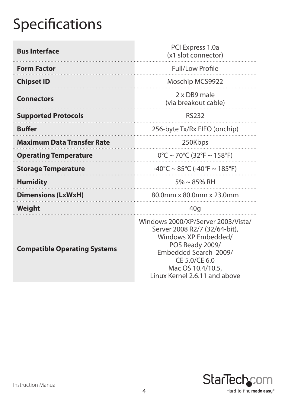 Specifications | StarTech.com PEX2S553B User Manual | Page 6 / 8