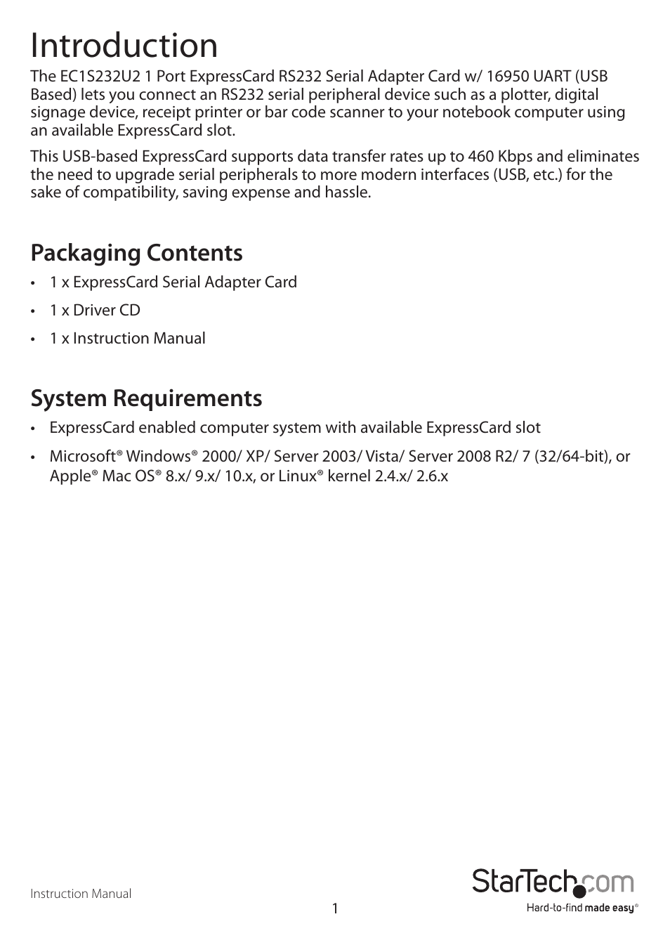 Introduction, Packaging contents, System requirements | StarTech.com EC1S232U2 User Manual | Page 4 / 8