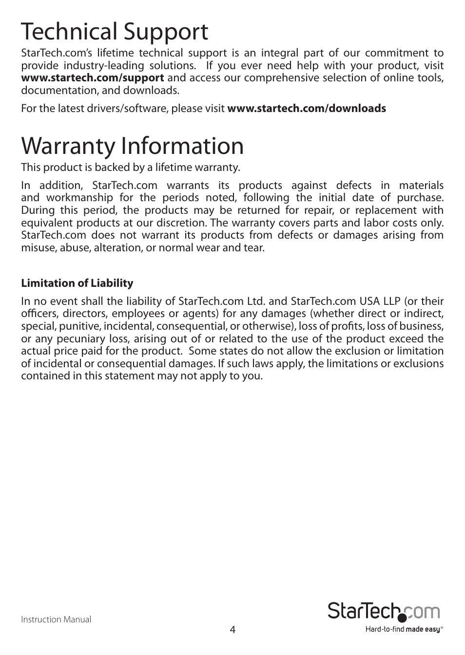 Technical support, Warranty information | StarTech.com EC1S232U2 User Manual | Page 7 / 8