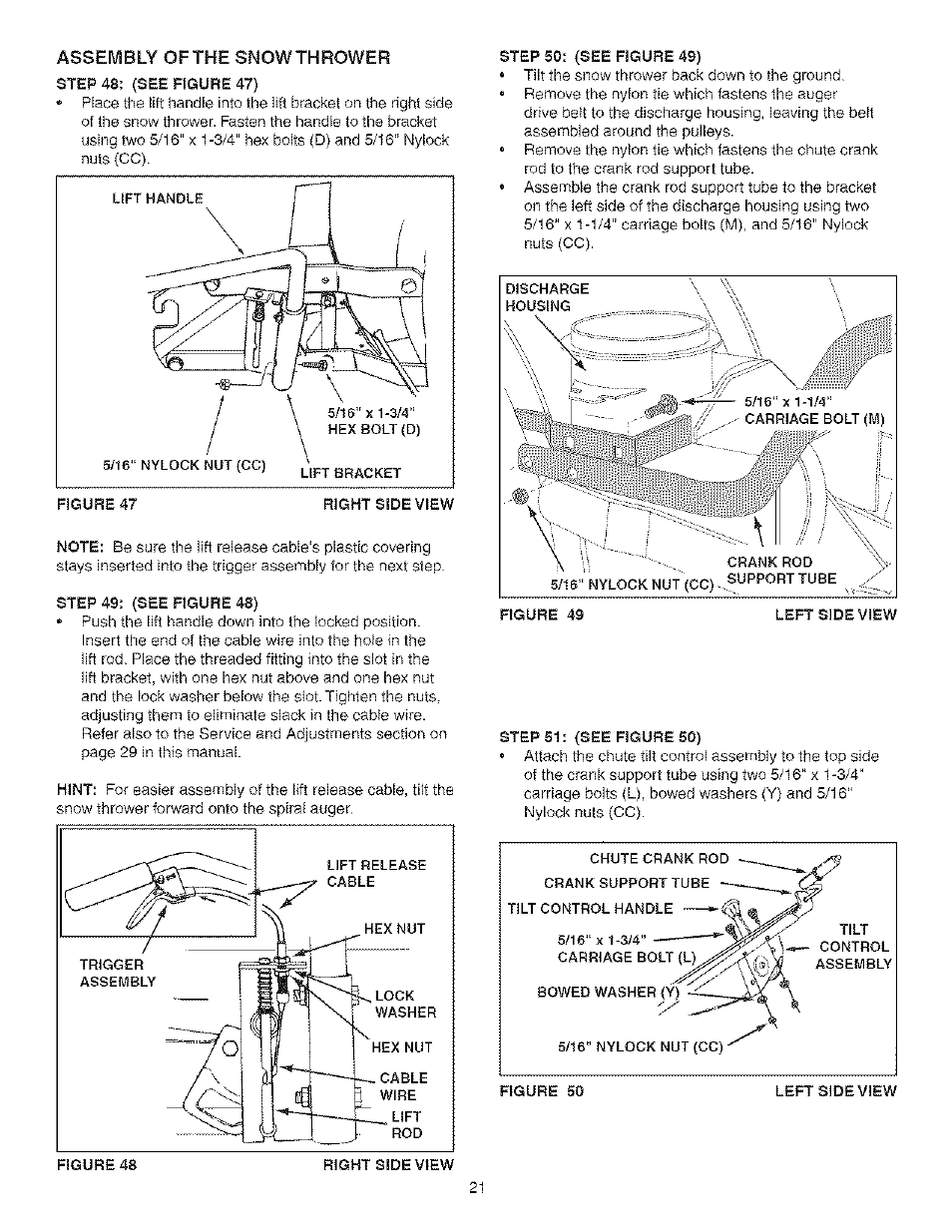 Assembly ofthe snowthrower, Step 49: (see figure 48, Step 50: (see figure 49) | Left side view | Craftsman 486.24838 User Manual | Page 21 / 40