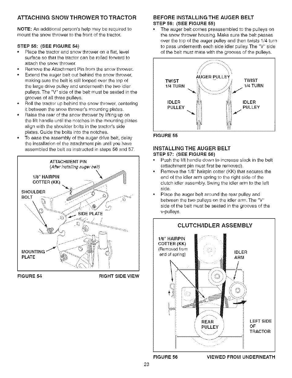 Before installing the auger belt, Step 56: (see figure 55), Installing the auger belt | Step 57: (see figure 56), Attaching snow thrower to tractor | Craftsman 486.24838 User Manual | Page 23 / 40