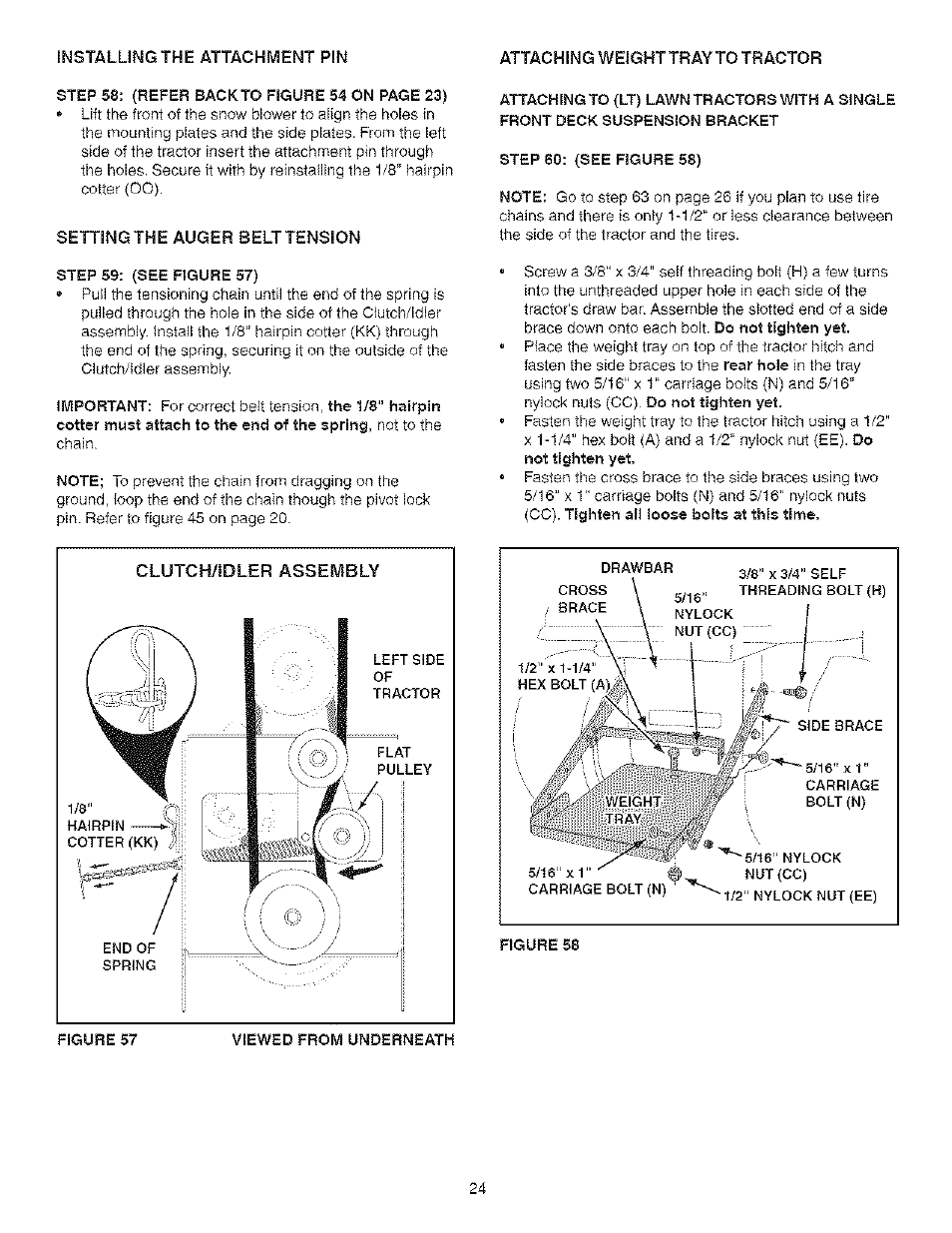 Step 60: (see figure 58), Step 59: (see figure 57), Clutch/idler assembly | Viewed from underneath | Craftsman 486.24838 User Manual | Page 24 / 40