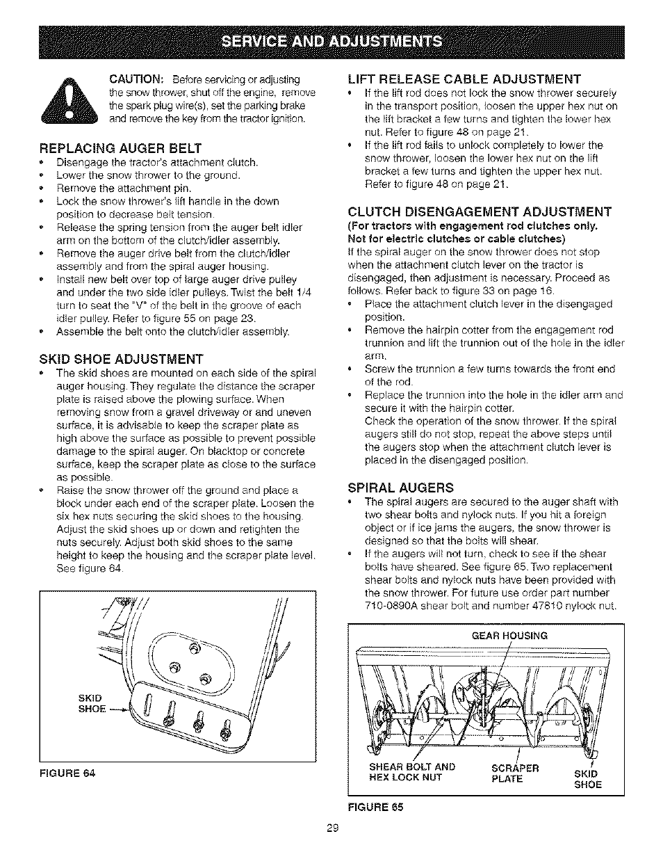 Service and adjustments, Replacing auger belt, Skid shoe adjustment | Lift release cable adjustment, Clutch disengagement adjustment, Spiral augers | Craftsman 486.24838 User Manual | Page 29 / 40