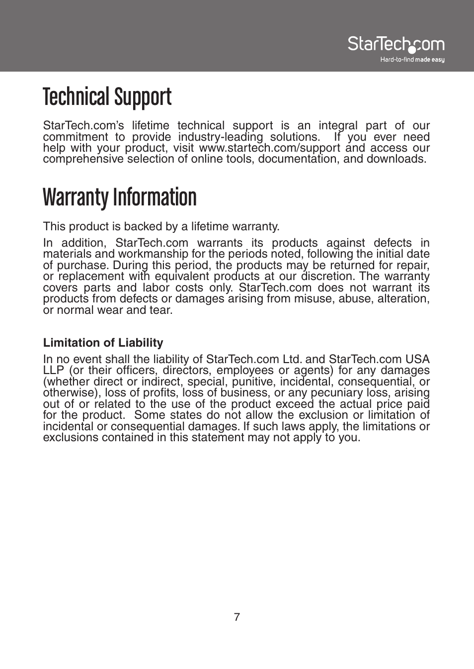 Technical support, Warranty information | StarTech.com PCI2S4851050 User Manual | Page 10 / 11