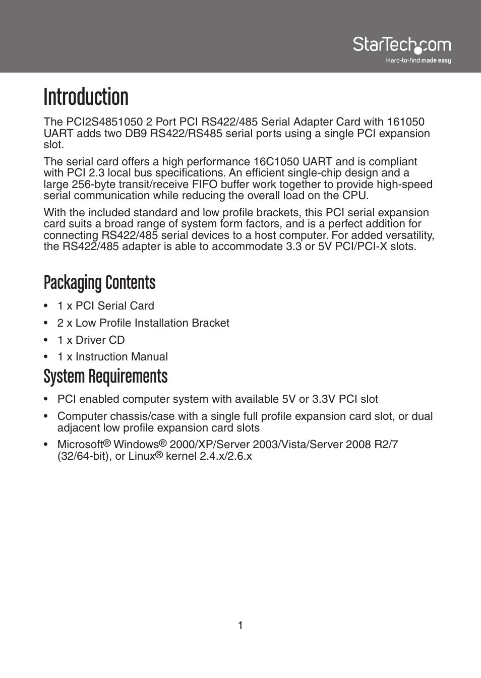 Introduction, Packaging contents, System requirements | StarTech.com PCI2S4851050 User Manual | Page 4 / 11