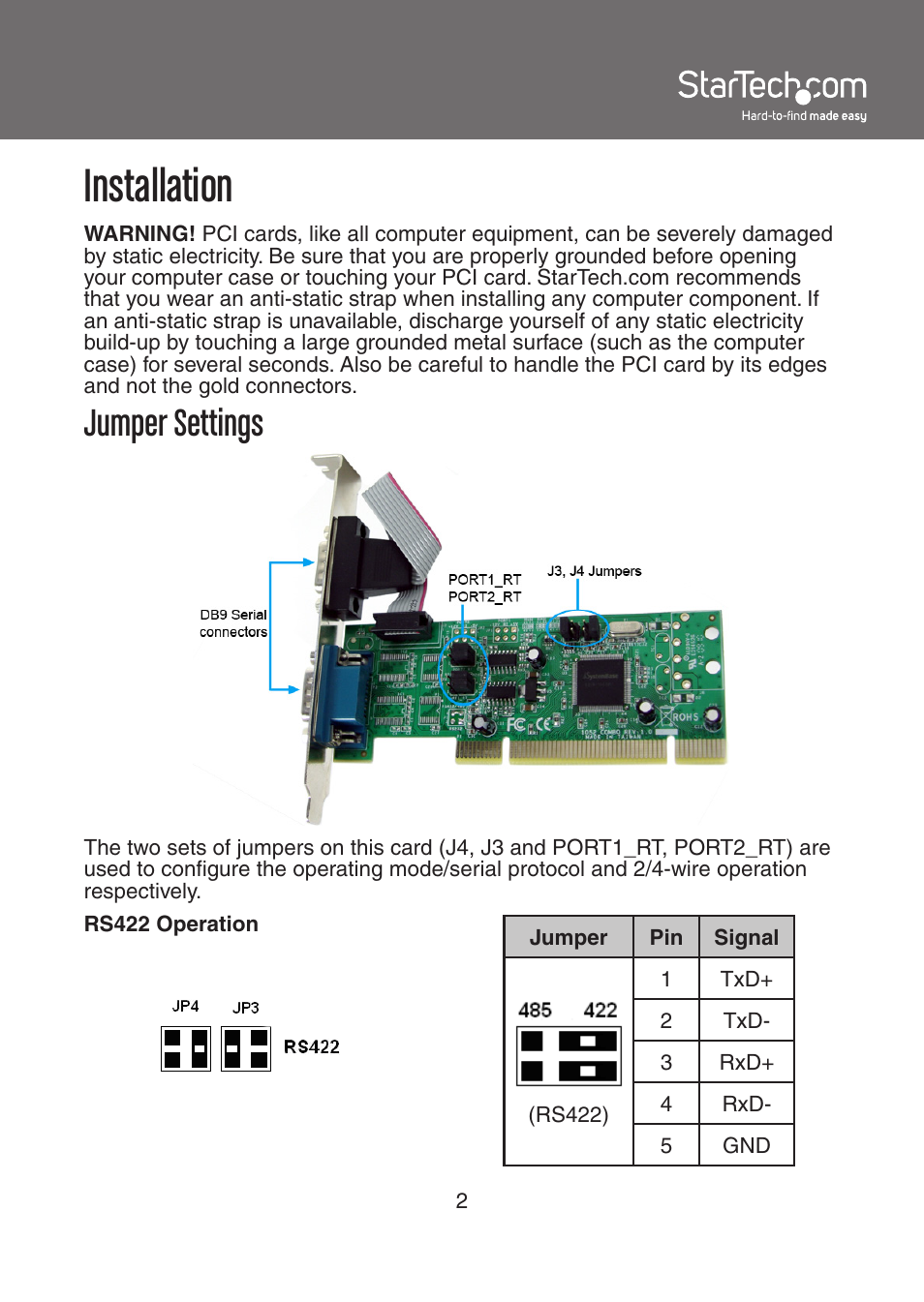 Installation, Jumper settings | StarTech.com PCI2S4851050 User Manual | Page 5 / 11
