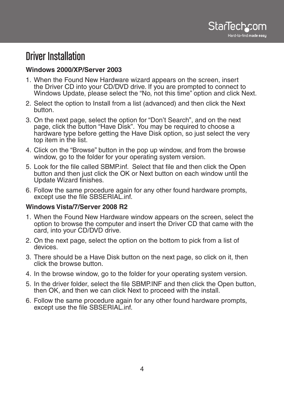 Driver installation | StarTech.com PCI2S4851050 User Manual | Page 7 / 11