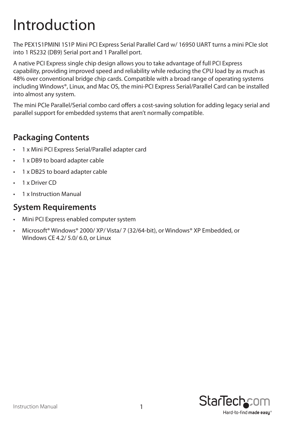 Introduction, Packaging contents, System requirements | StarTech.com PEX1S1PMINI User Manual | Page 4 / 8