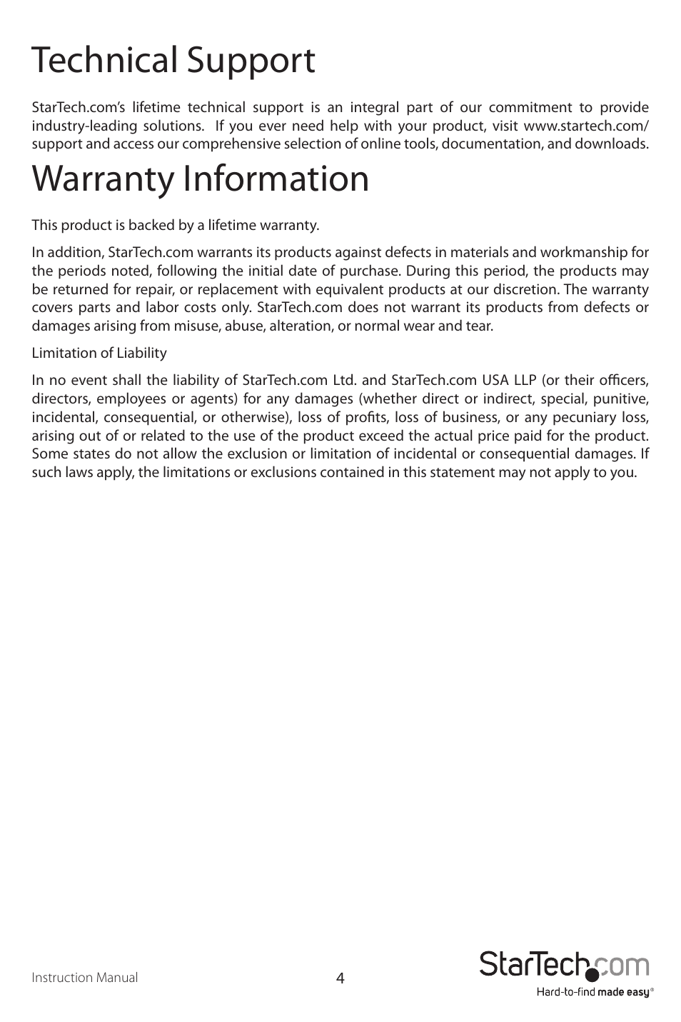 Technical support, Warranty information | StarTech.com PEX1S1PMINI User Manual | Page 7 / 8