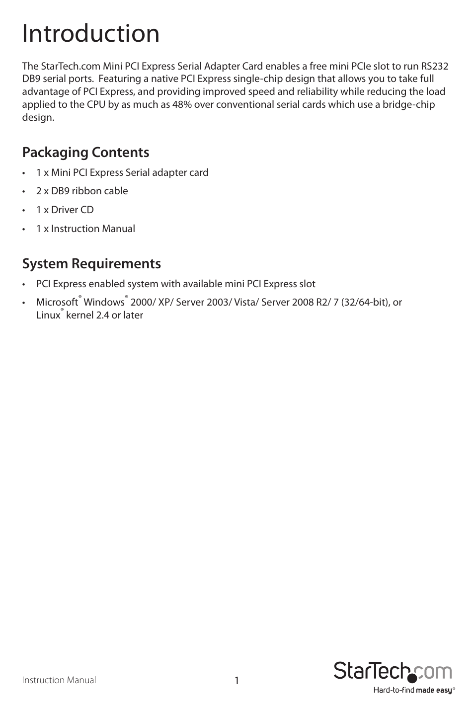 Introduction, Packaging contents, System requirements | StarTech.com MPEX2S952 User Manual | Page 4 / 9