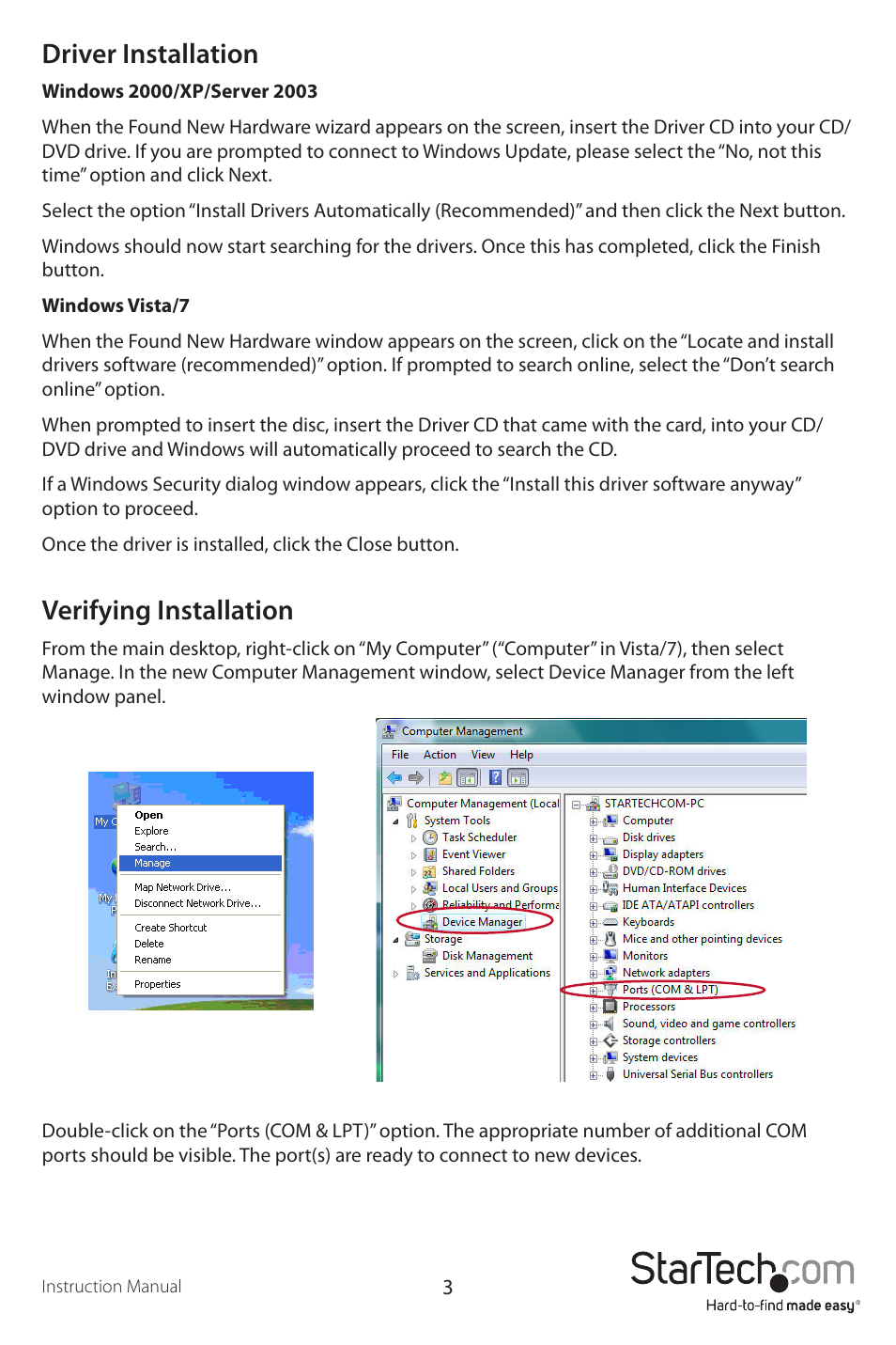 Driver installation, Verifying installation | StarTech.com MPEX2S952 User Manual | Page 6 / 9