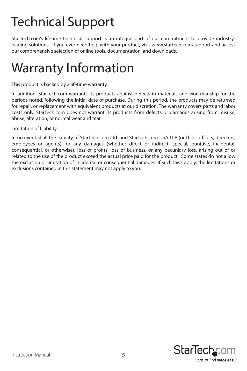 Technical support, Warranty information | StarTech.com MPEX2S952 User Manual | Page 8 / 9