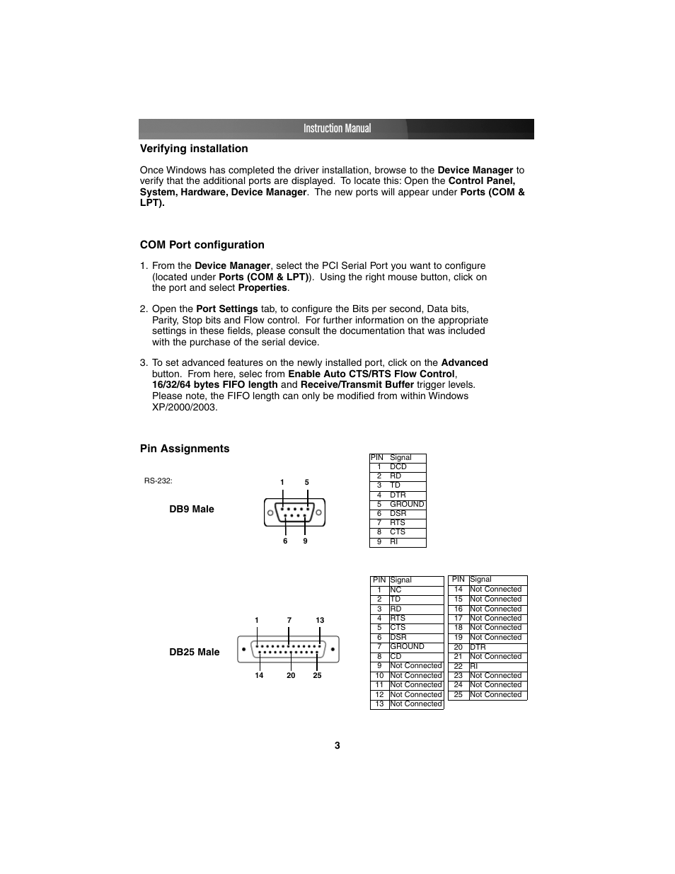 Instruction manual, Verifying installation, Com port configuration | Pin assignments | StarTech.com PCI2S650DV User Manual | Page 6 / 10