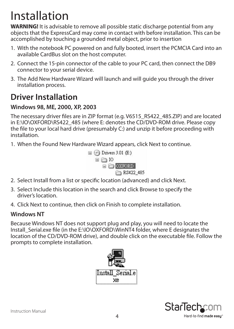 Installation, Driver installation | StarTech.com CB1S485 User Manual | Page 7 / 13