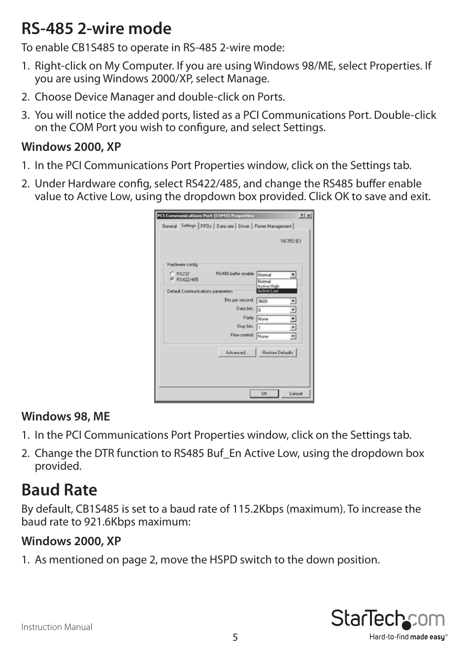 Rs-485 2-wire mode, Baud rate | StarTech.com CB1S485 User Manual | Page 8 / 13