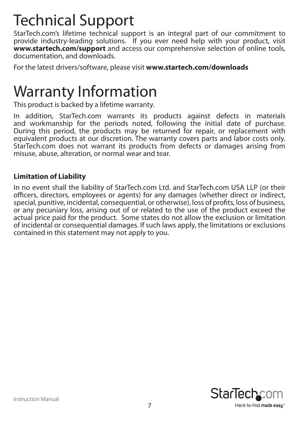 Technical support, Warranty information | StarTech.com PEX2S952PW User Manual | Page 10 / 11