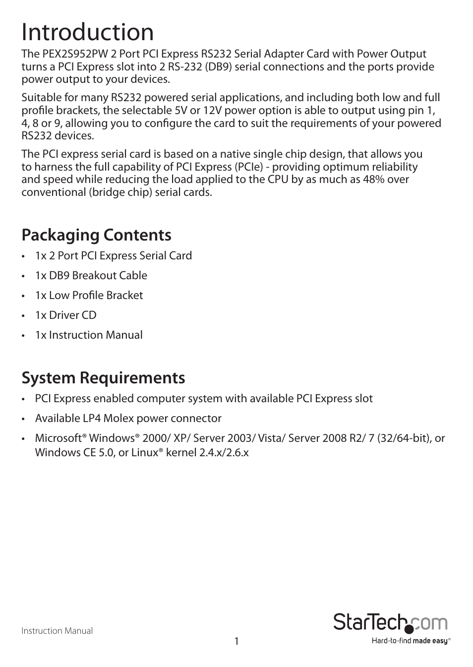 Introduction, Packaging contents, System requirements | StarTech.com PEX2S952PW User Manual | Page 4 / 11