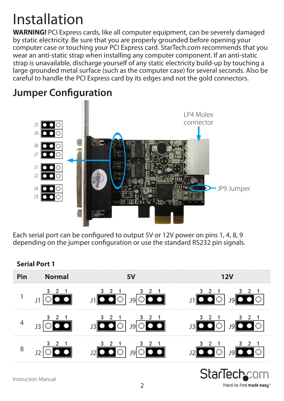 Installation, Jumper configuration | StarTech.com PEX2S952PW User Manual | Page 5 / 11