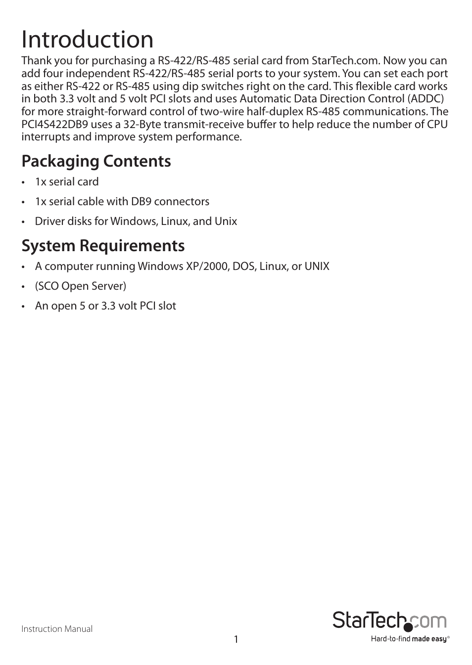 Introduction, Packaging contents, System requirements | StarTech.com PCI4S422DB9 User Manual | Page 4 / 12