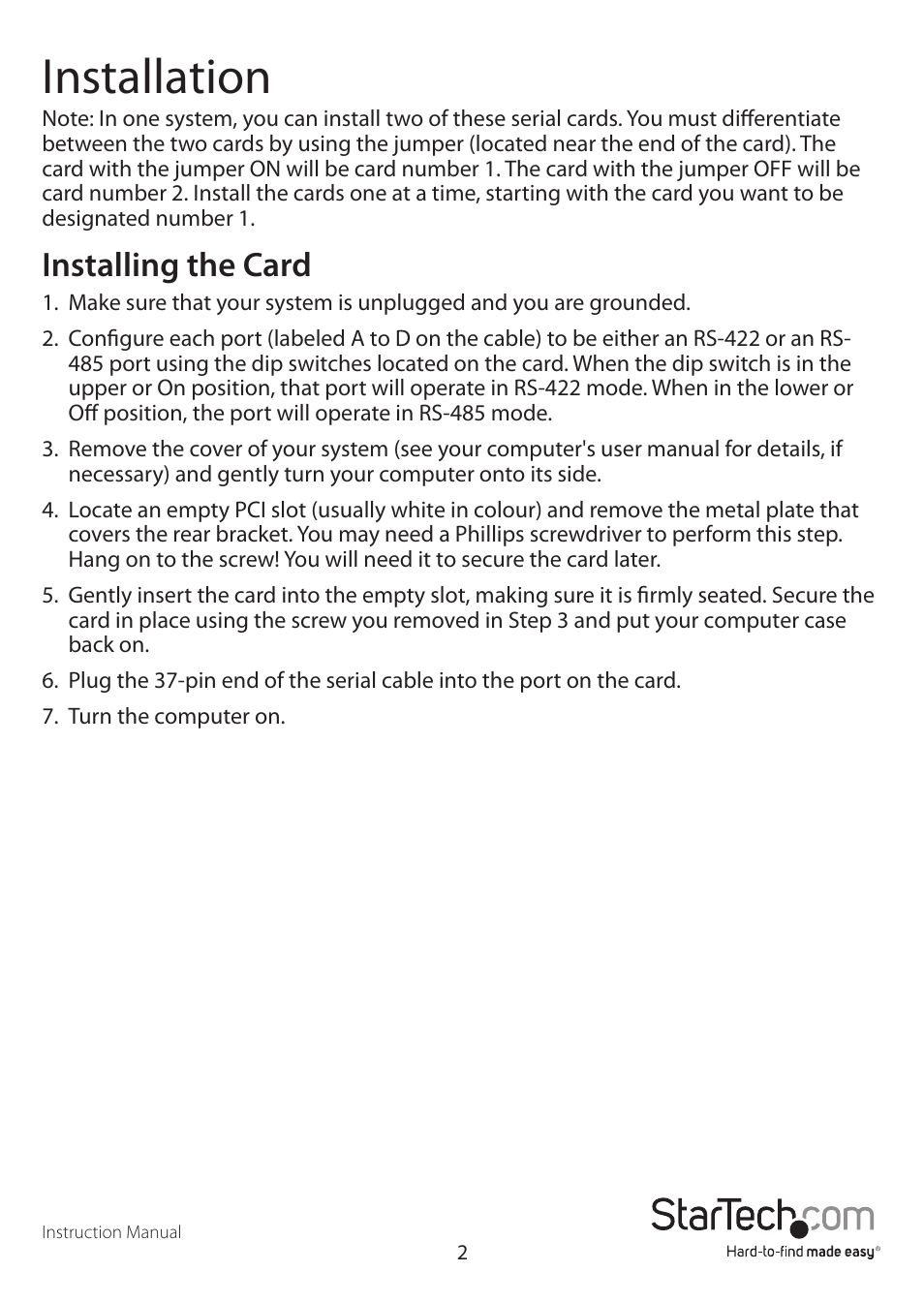 Installation, Installing the card | StarTech.com PCI4S422DB9 User Manual | Page 5 / 12