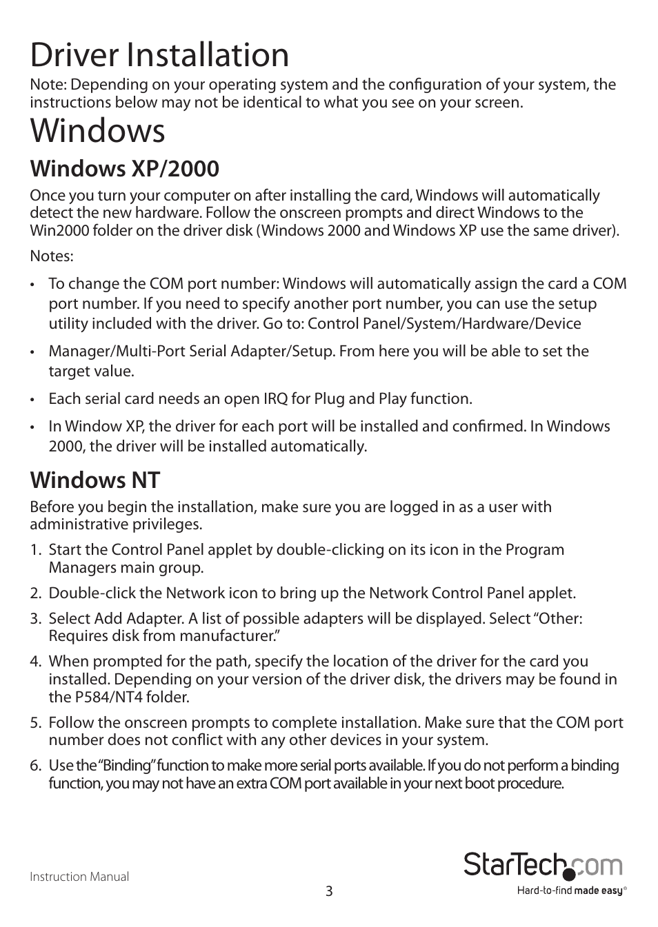 Driver installation, Windows, Windows xp/2000 | Windows nt | StarTech.com PCI4S422DB9 User Manual | Page 6 / 12