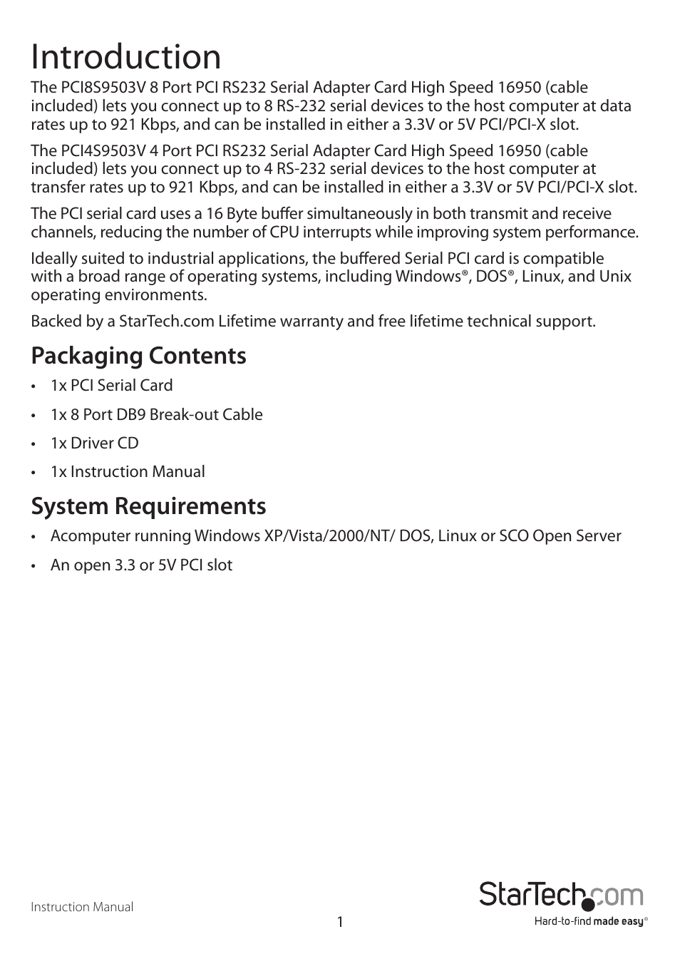 Introduction, Packaging contents, System requirements | StarTech.com PCI8S9503V User Manual | Page 4 / 14