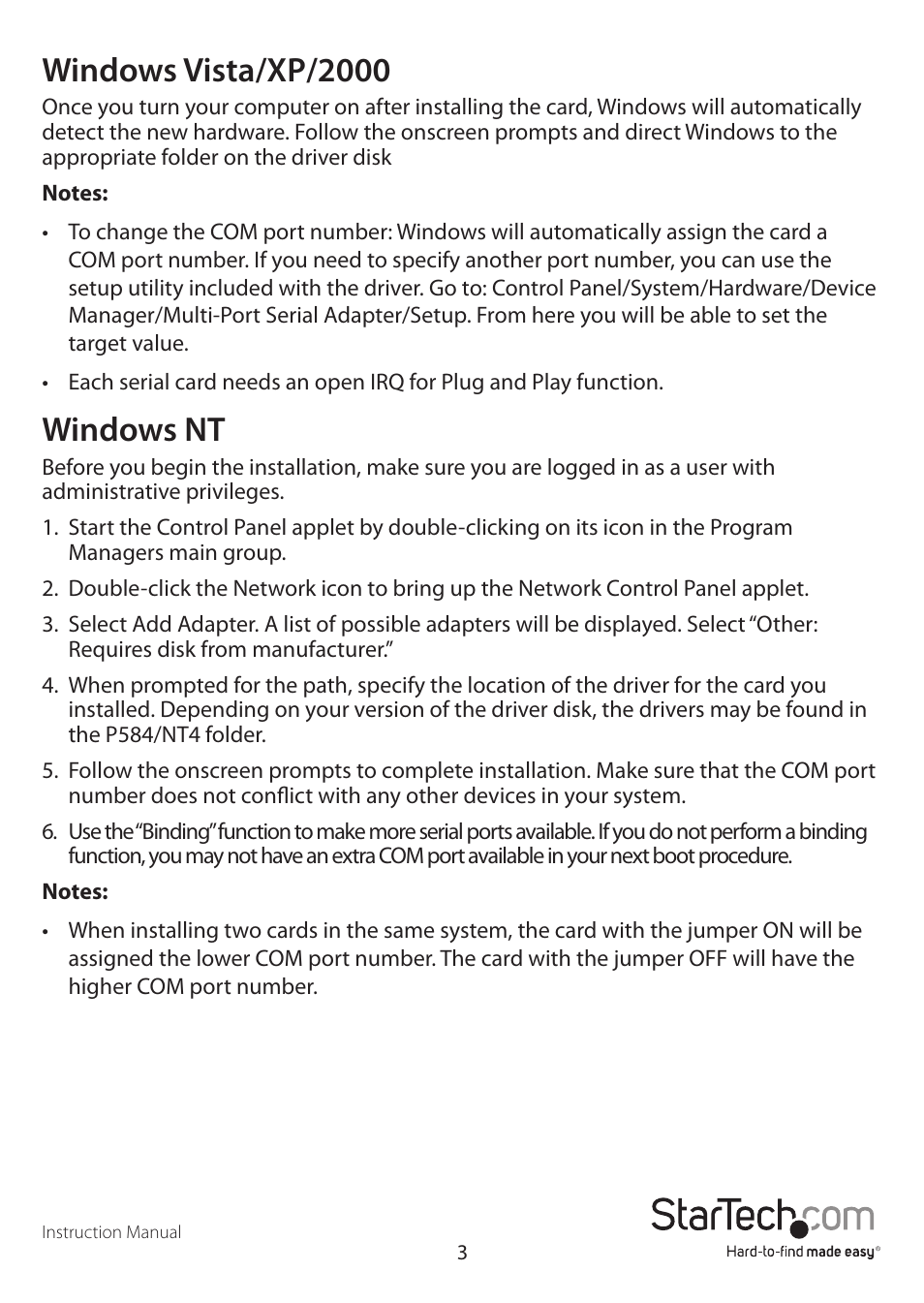 Windows vista/xp/2000, Windows nt | StarTech.com PCI8S9503V User Manual | Page 6 / 14