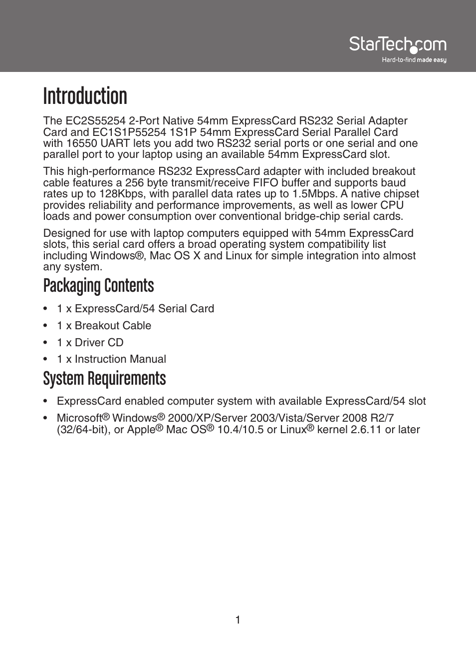 Introduction, Packaging contents, System requirements | StarTech.com EC1S1P55254 User Manual | Page 4 / 10
