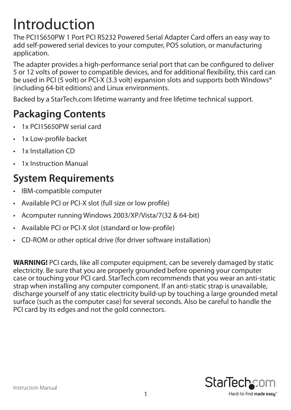 Introduction, Packaging contents, System requirements | StarTech.com PCI1S650PW User Manual | Page 4 / 12
