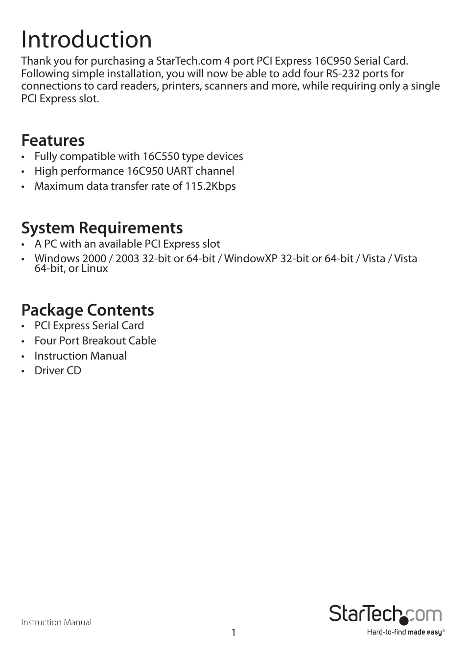 Introduction, Features, System requirements | Package contents | StarTech.com PEX4S950 User Manual | Page 4 / 9