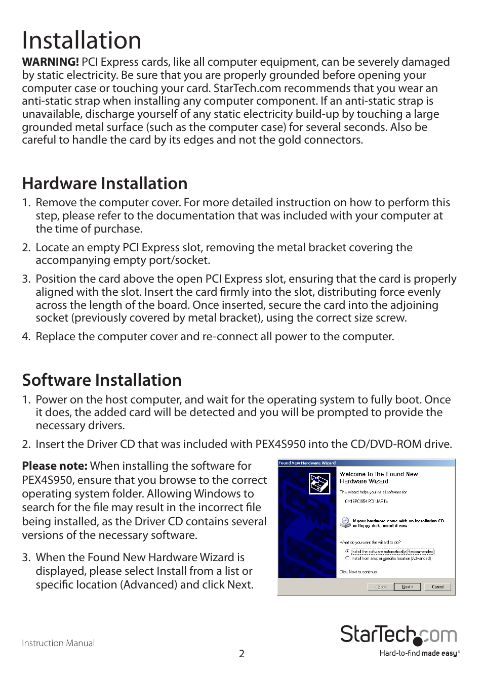 Installation, Hardware installation, Software installation | StarTech.com PEX4S950 User Manual | Page 5 / 9