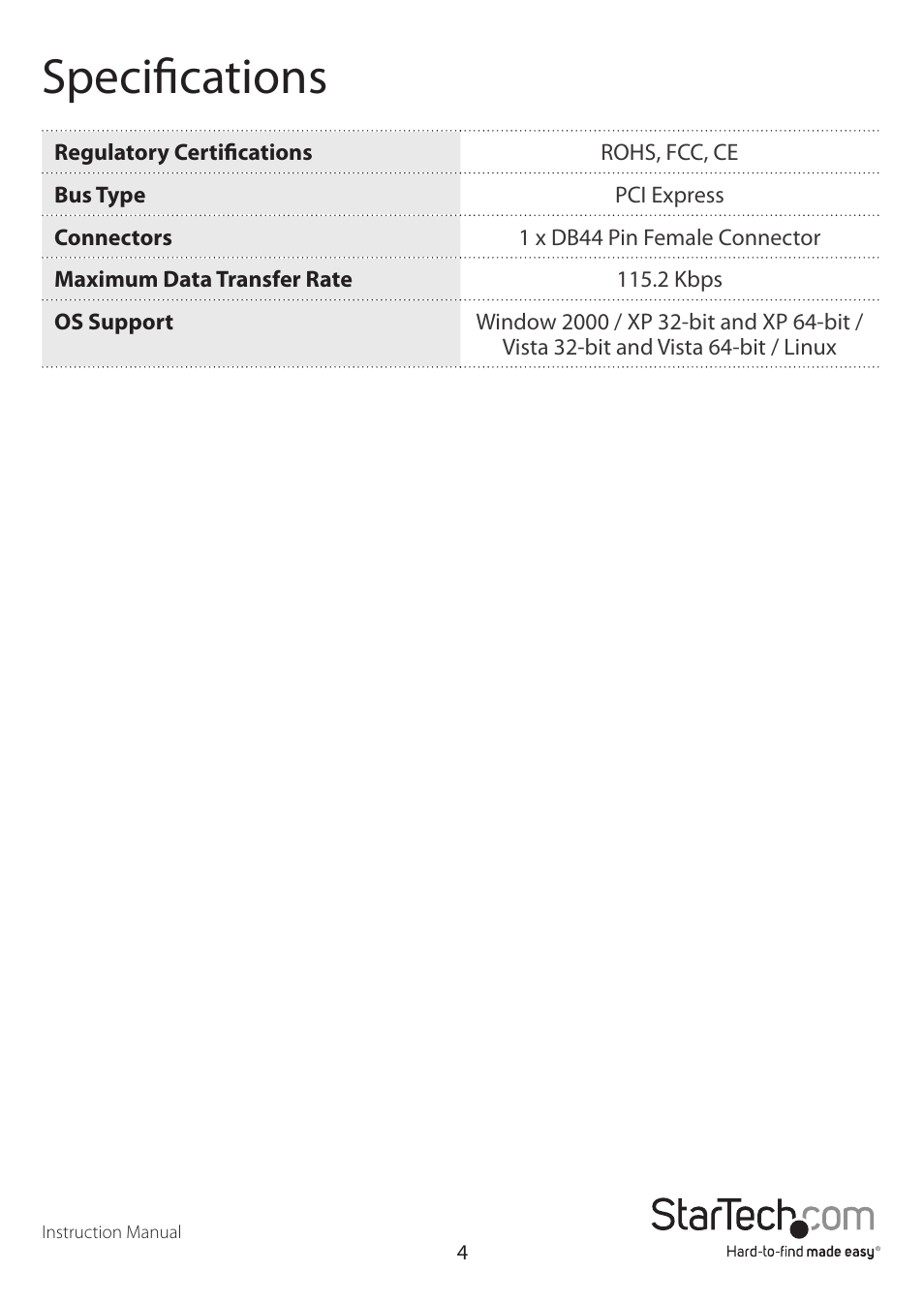 Specifications | StarTech.com PEX4S950 User Manual | Page 7 / 9