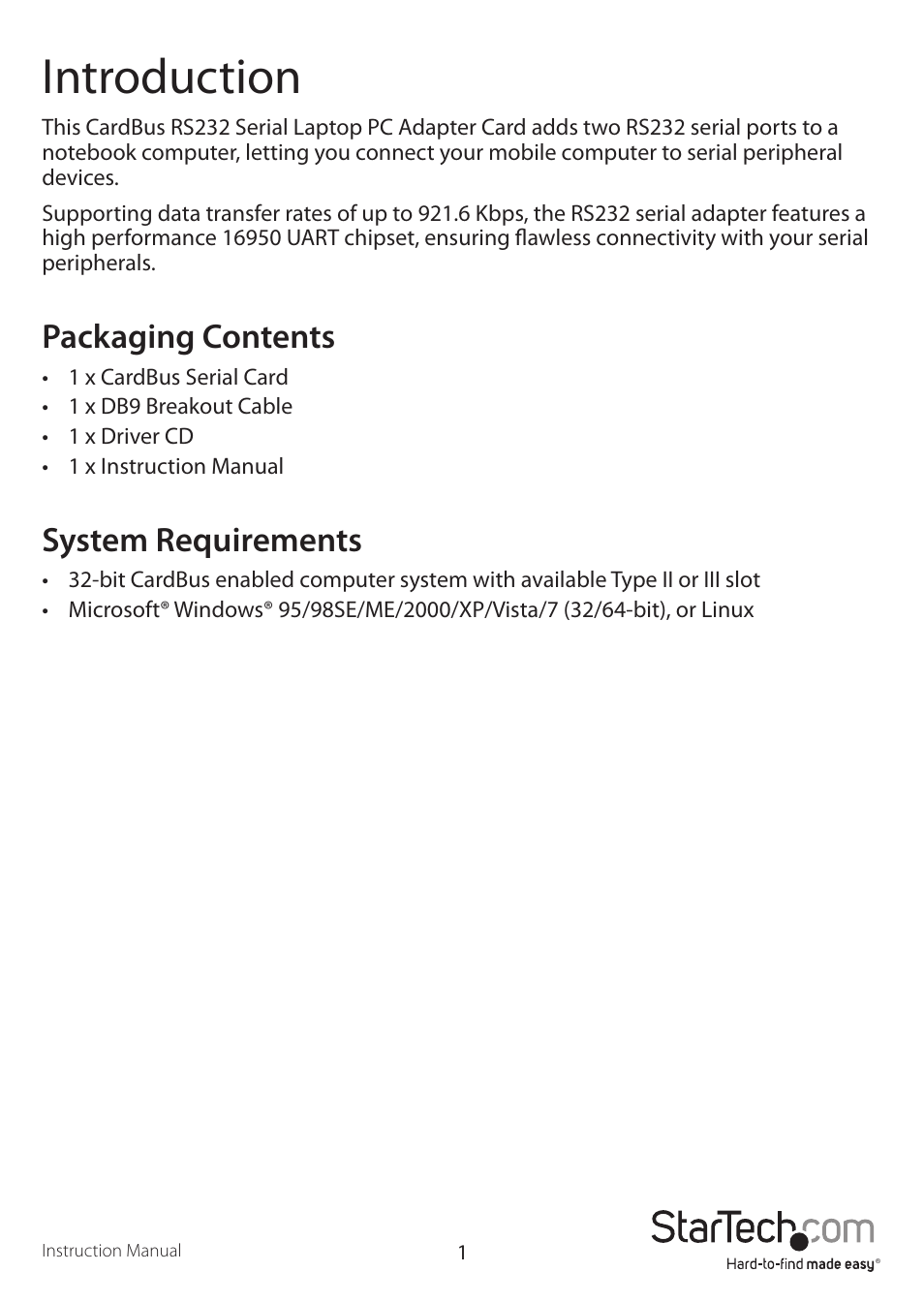 Introduction, Packaging contents, System requirements | StarTech.com CB2S950 User Manual | Page 4 / 9