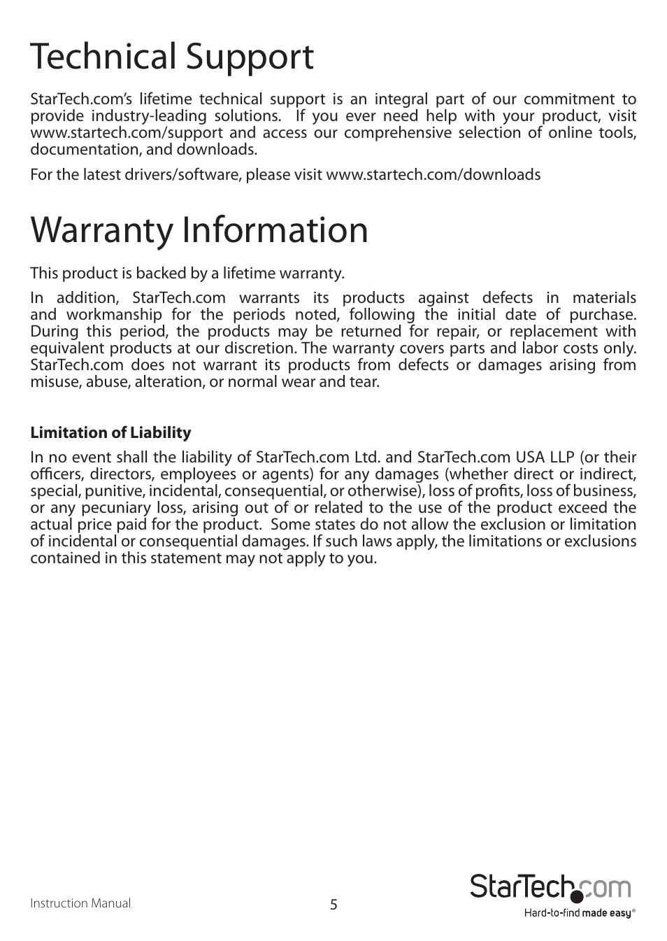 Technical support, Warranty information | StarTech.com CB2S950 User Manual | Page 8 / 9