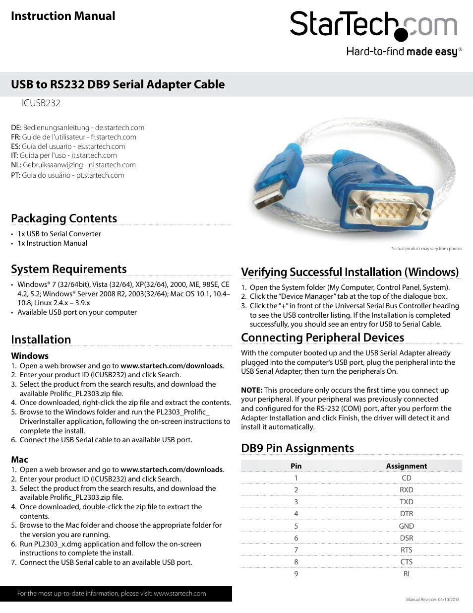 StarTech.com ICUSB232 User Manual | 2 pages